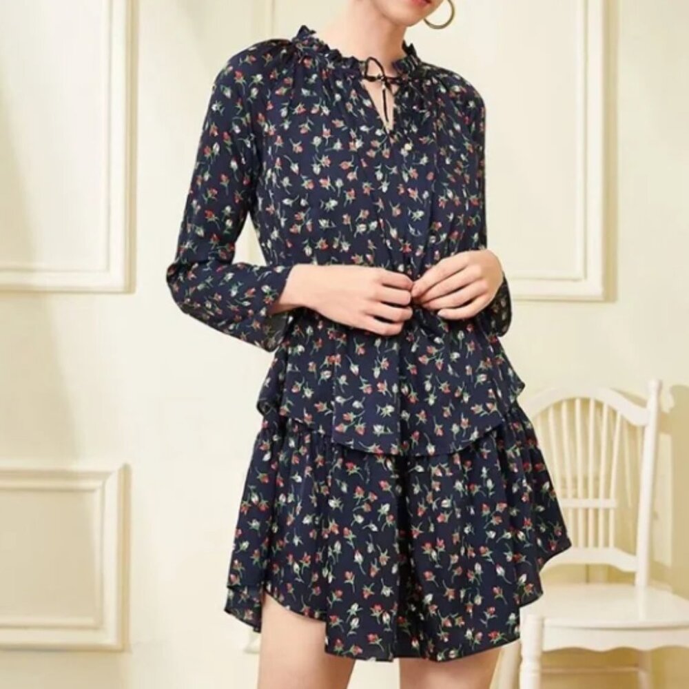 JULIE BROWN NY I Wanderlust Floral Print Tie Neck Tiered Hem Joanne Dress, S